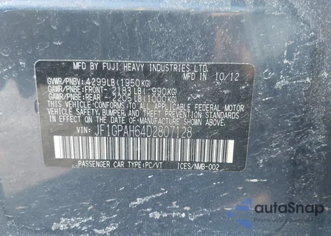 2013 Subaru Impreza 2.0I Limited from USA, damaged, VIN JF1GPAH64D2807128